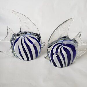 Dynasty Gallery Glass Paperweights Angel Fish Clear White Blue Stripes Set of 2
